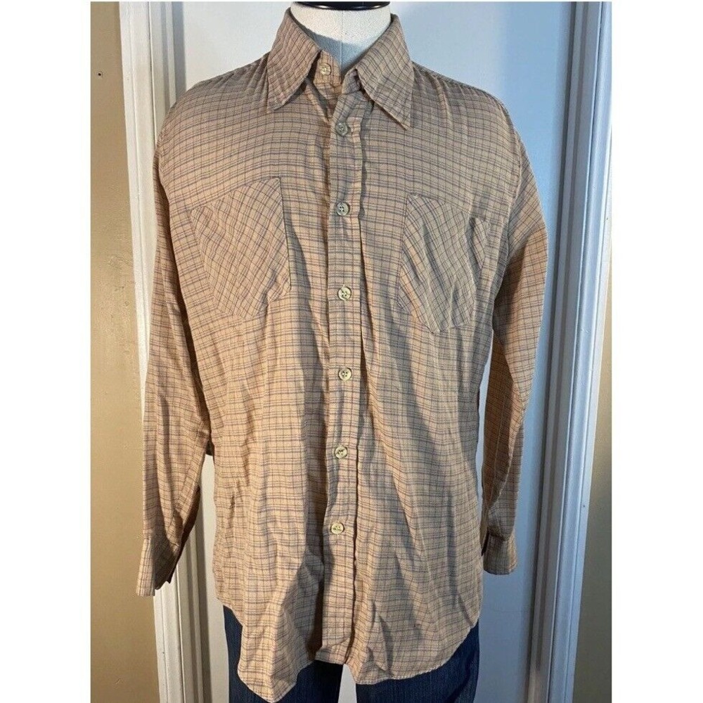 VTG Kingsport‎ Mens M Beige Red Blue  Plaid Long Sleeve Button Down